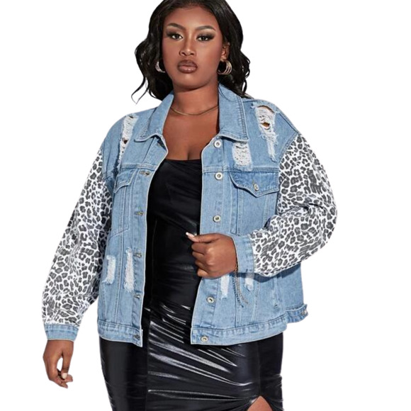 Boutique Jackets & Blazers - 1X Distressed Denim Jacket  Plus Size Jean Jacket Leopard Sleeves Light Wash